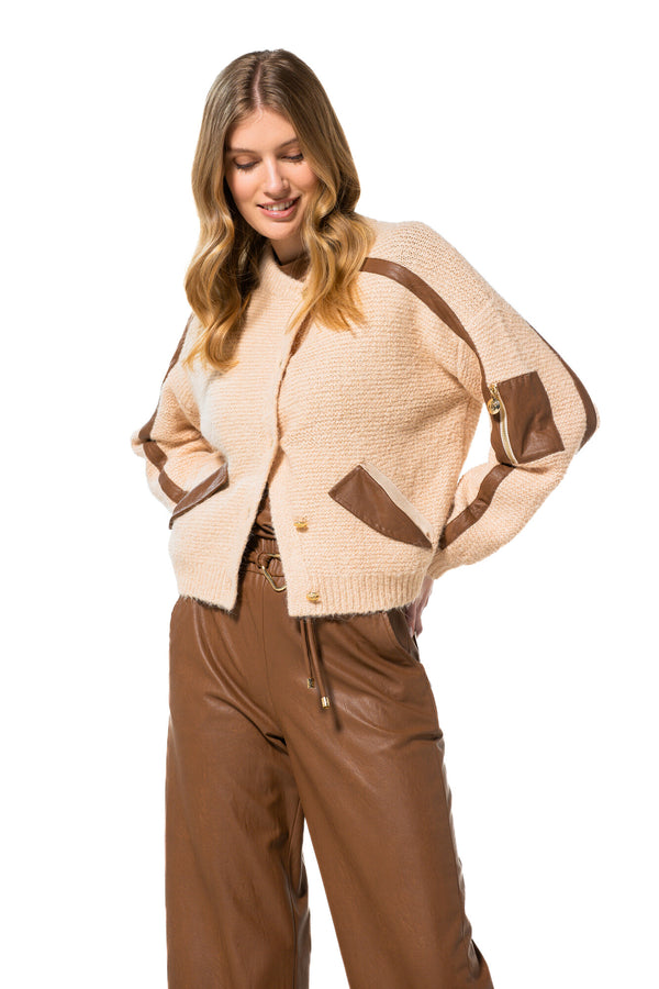 BROWN ASYMMETRIC ECO-LEATHER DETAIL CARDIGAN