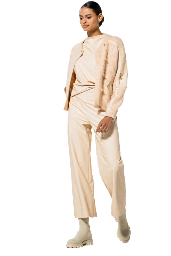 BEIGE ASYMMETRIC ECO-LEATHER DETAIL CARDIGAN