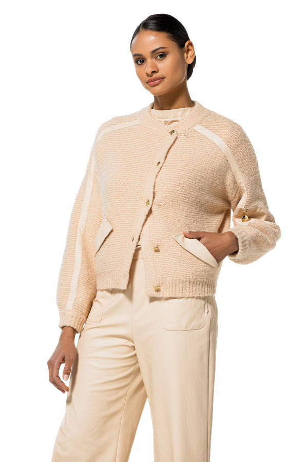 BEIGE ASYMMETRIC ECO-LEATHER DETAIL CARDIGAN