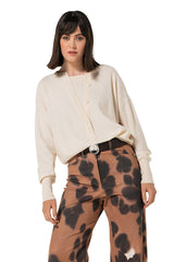 CREAM SUBTLE BUTTON FASTENING FINE KNIT PULLOVER