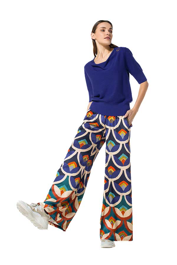 BLUE PRINT SHINY VISCOSE PALAZZO TROUSERS