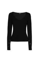 BLACK FITTED V-NECK RIB-KNIT PULLOVER