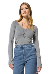 GREY FITTED V-NECK RIB-KNIT PULLOVER