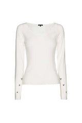 WHITE FITTED V-NECK RIB-KNIT PULLOVER