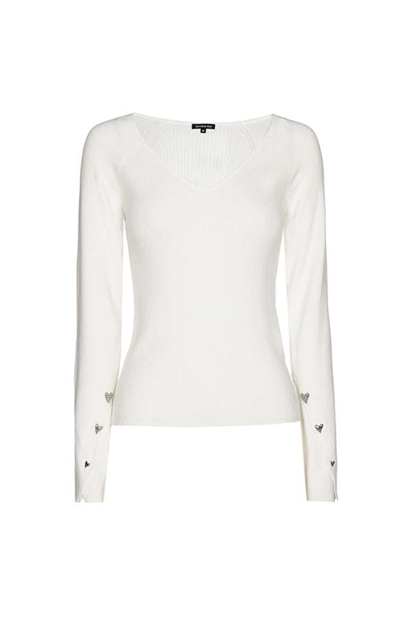 WHITE FITTED V-NECK RIB-KNIT PULLOVER