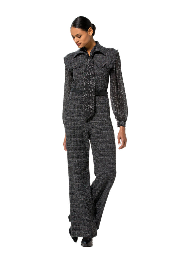 BLACK STRAIGHT LEG TWEED JUMPSUIT