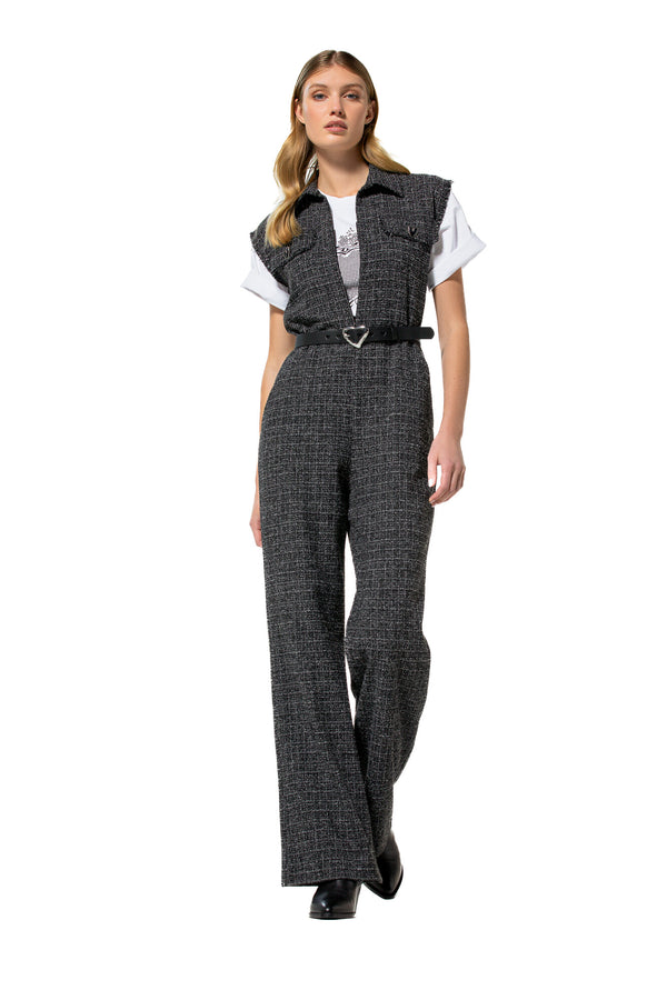 BLACK STRAIGHT LEG TWEED JUMPSUIT