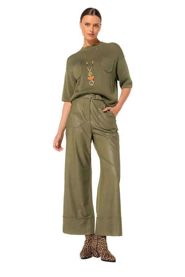 OLIVE VEGAN LEATHER 7/8 TROUSERS