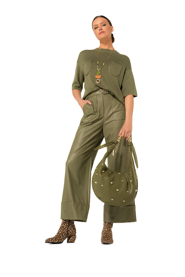 OLIVE VEGAN LEATHER 7/8 TROUSERS