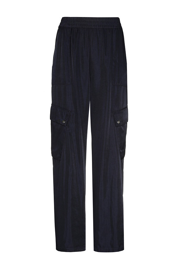 NIGHT BLUE LOOSE-FITTING SHINY CARGO TROUSERS