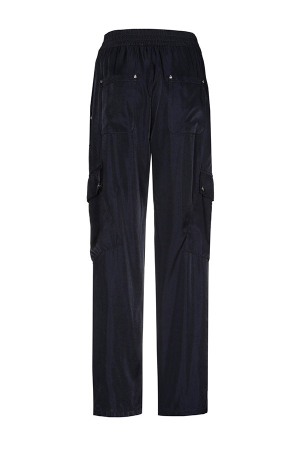 NIGHT BLUE LOOSE-FITTING SHINY CARGO TROUSERS