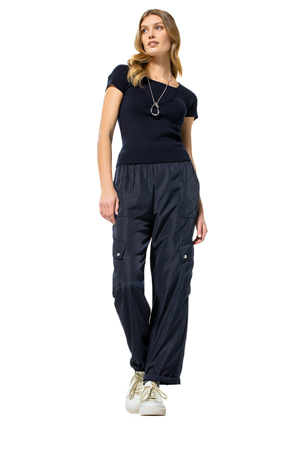 NIGHT BLUE LOOSE-FITTING SHINY CARGO TROUSERS