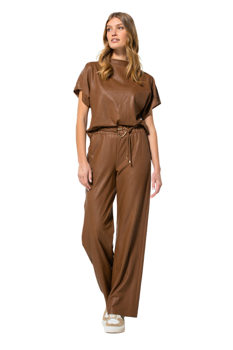 BROWN LOOSE-FITTING STRAIGHT ECO-LEATHER TROUSERS