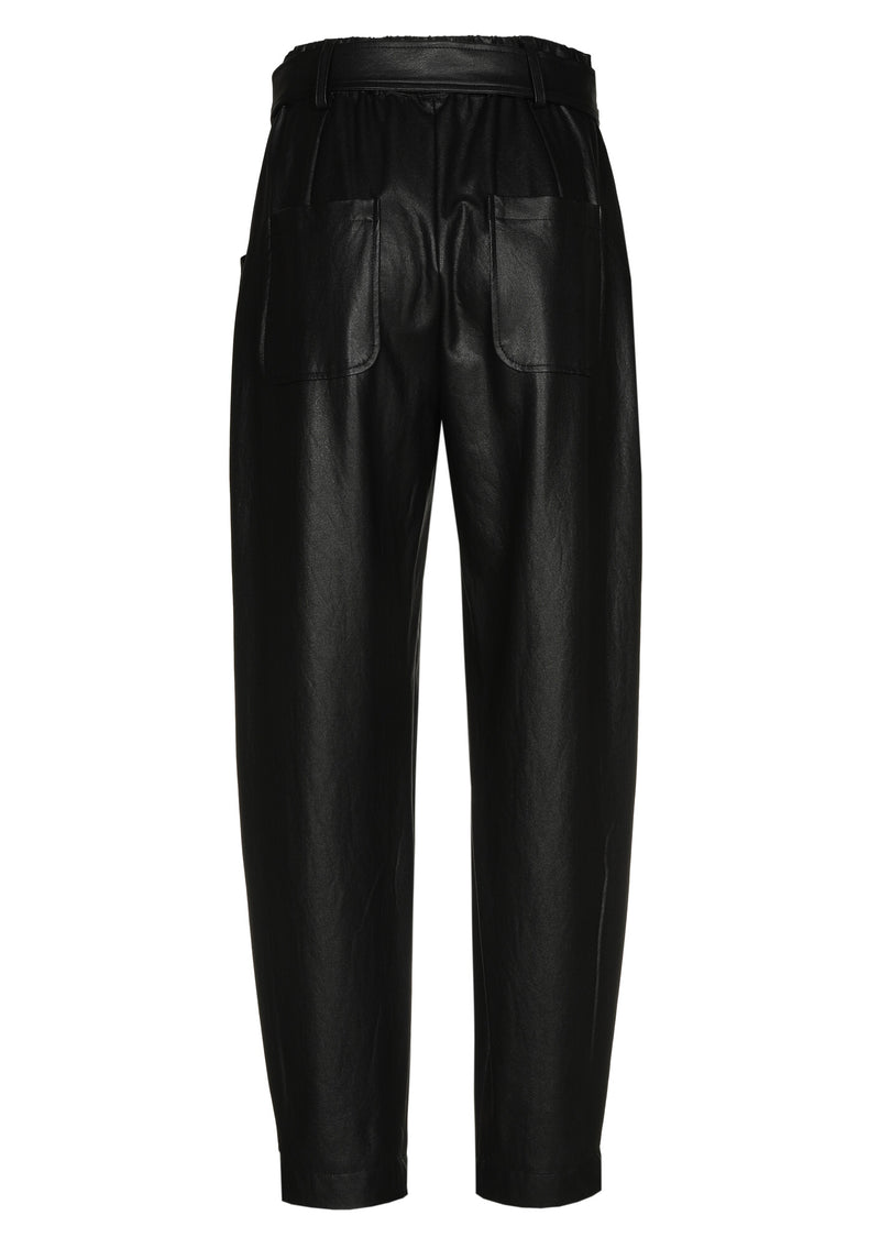 BLACK CREASED LOOSE-FITTING ECO-LEATHER TROUSERS