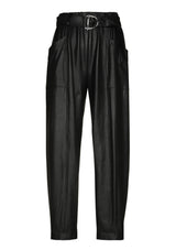 BLACK CREASED LOOSE-FITTING ECO-LEATHER TROUSERS