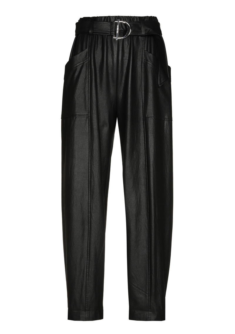 BLACK CREASED LOOSE-FITTING ECO-LEATHER TROUSERS