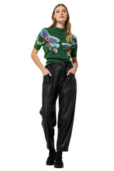 BLACK CREASED LOOSE-FITTING ECO-LEATHER TROUSERS