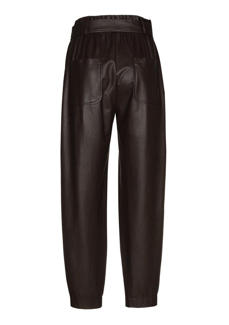 BROWN CREASED LOOSE-FITTING ECO-LEATHER TROUSERS