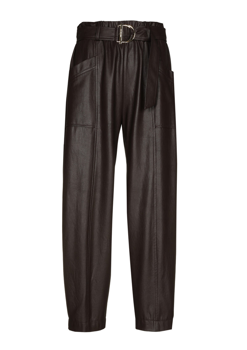 BROWN CREASED LOOSE-FITTING ECO-LEATHER TROUSERS