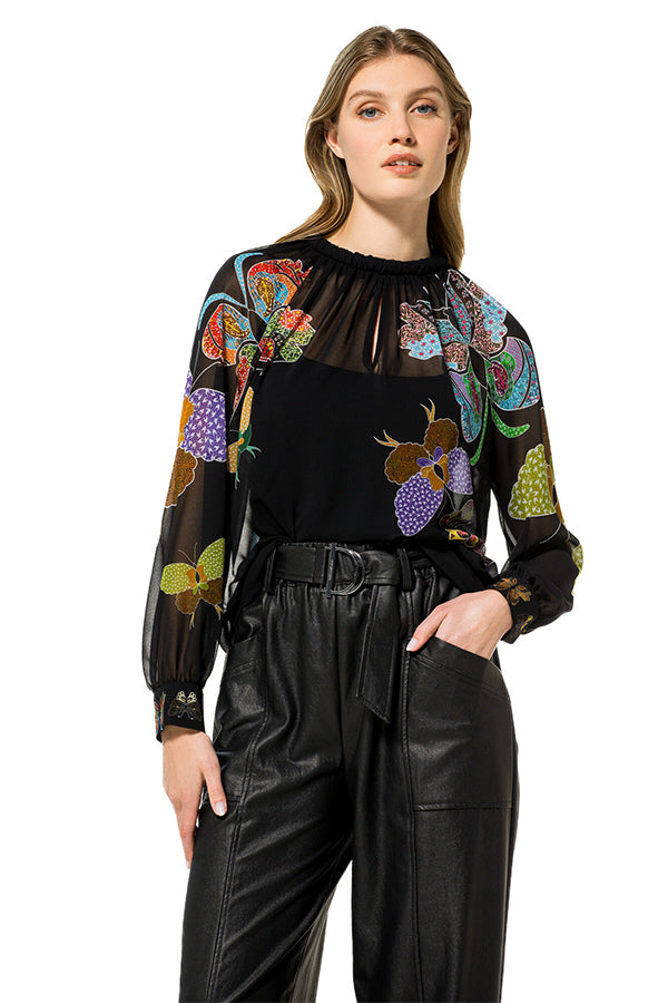 BUTTERFLY PRINT SEMI-SHEER BLOUSE