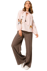 DOG EMBROIDERY STRAIGHT-FITTING BLOUSE