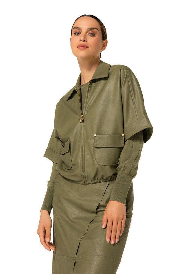 OLIVE VEGAN LEATHER COMFORTABLE BLOUSE JACKET