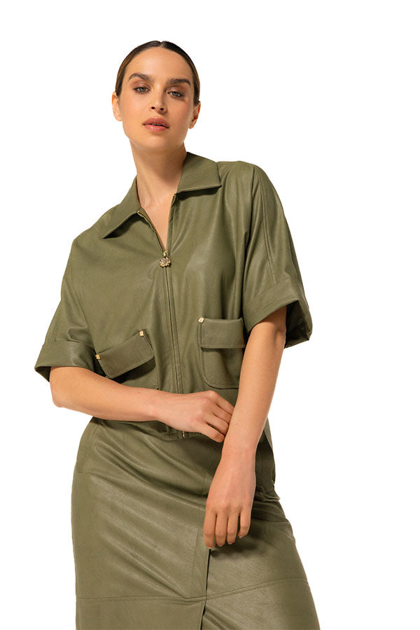 OLIVE VEGAN LEATHER COMFORTABLE BLOUSE JACKET