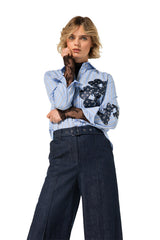 BLUE PATCHWORK DETAIL COTTON BLOUSE