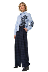 BLUE PATCHWORK DETAIL COTTON BLOUSE