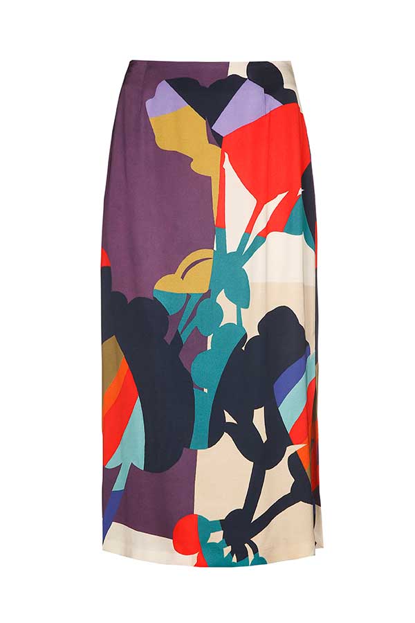 PURPLE PRINT SHINY VISCOSE STRAIGHT MIDI SKIRT