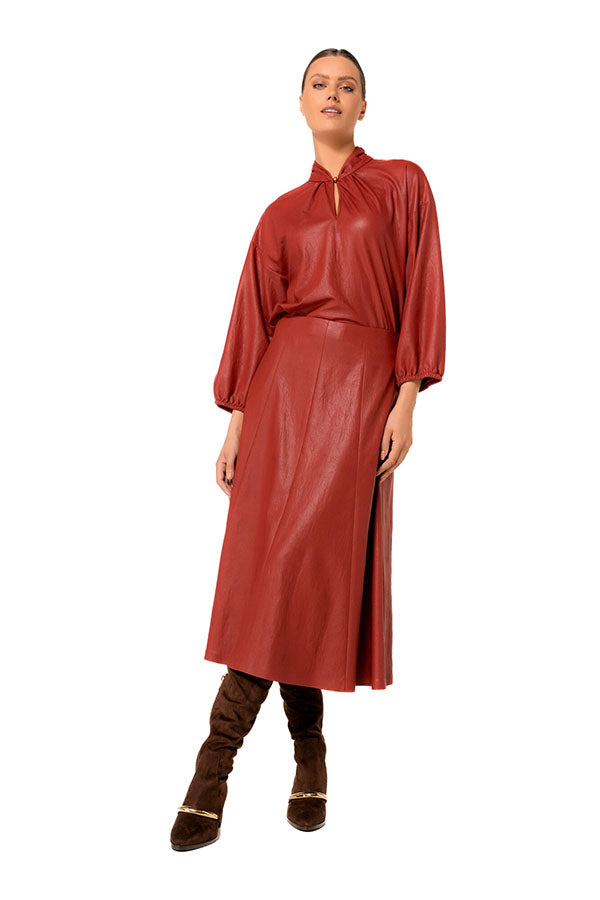 VEGAN LEATHER A-LINE MIDI SKIRT