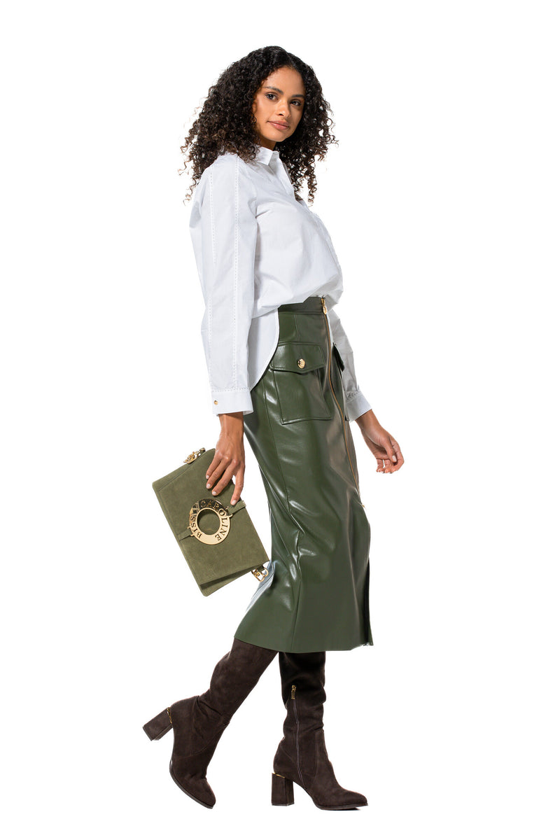 GREEN STRAIGHT-FITTING ECO-LEATHER SKIRT