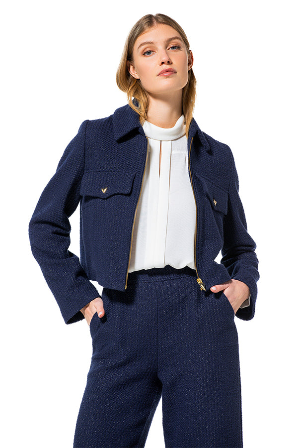 NAVY SHORT LUREX CARDIGAN