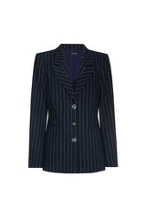 NAVY STRIPED FITTED STRETCH BLAZER