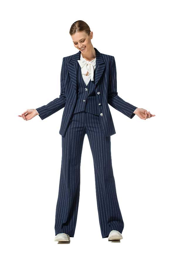 NAVY STRIPED FITTED STRETCH BLAZER