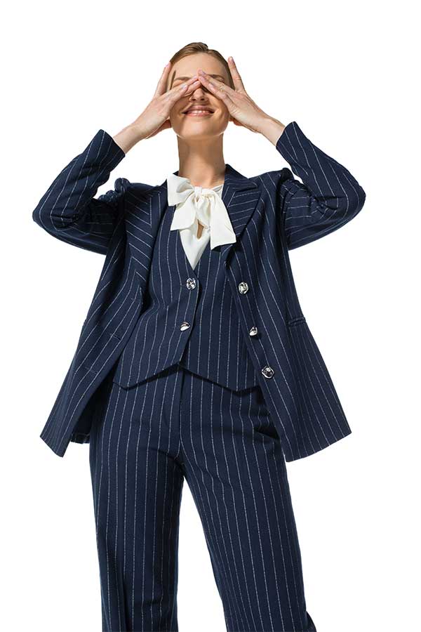 NAVY STRIPED FITTED STRETCH BLAZER