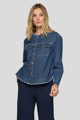 FRINGED DETAILS STRIPED DENIM BLOUSE