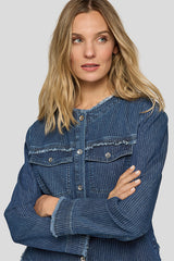 FRINGED DETAILS STRIPED DENIM BLOUSE