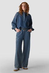 FRAYED APPLIQUES DENIM BLOUSE