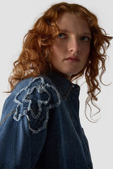 FRAYED APPLIQUES DENIM BLOUSE