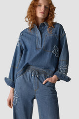 FRAYED APPLIQUES WIDE-LEG JEANS