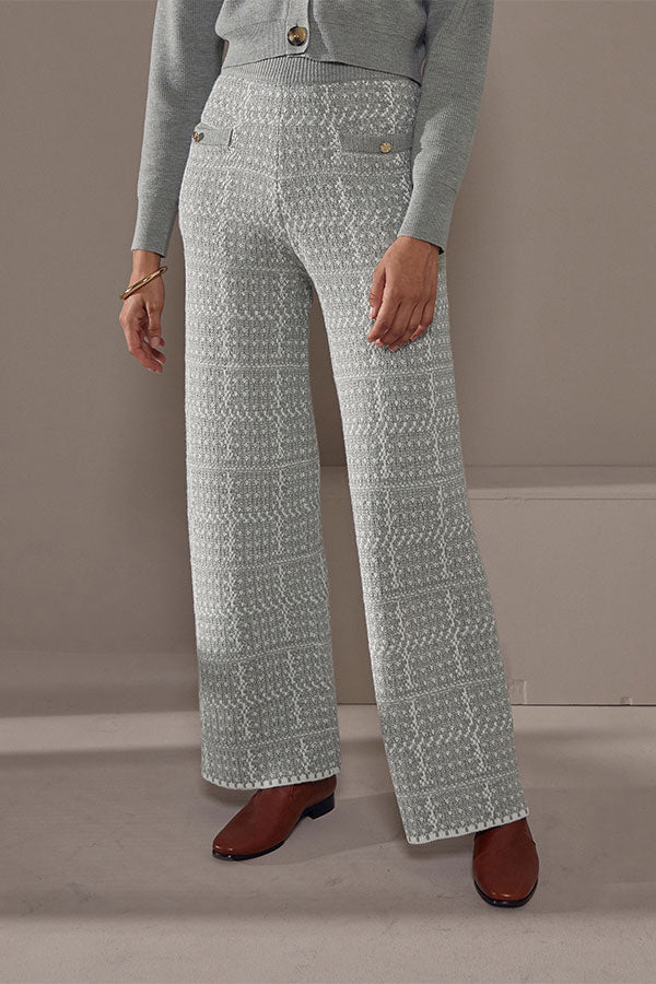 GREY WIDE-LEG JACQUARD KNITTED TROUSERS