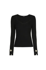 BLACK SWALLOW DETAIL FITTED RIBBED PULLOVER