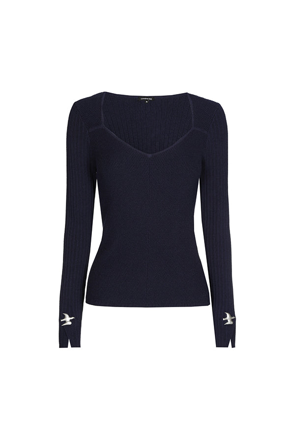 BLACK SWALLOW DETAIL FITTED RIBBED PULLOVER