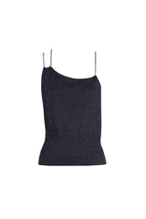 NIGHT BLUE FITTED LUREX JERSEY CHAIN STRAP TOP