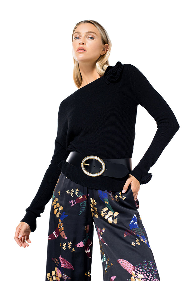 BLACK JERSEY FLOWER PULLOVER