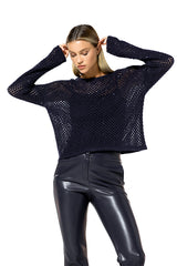 NAVY SEQUINNED SEMI SHEER PULLOVER