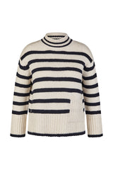 WHITE STRIPED FUNNEL NECK SWEATER