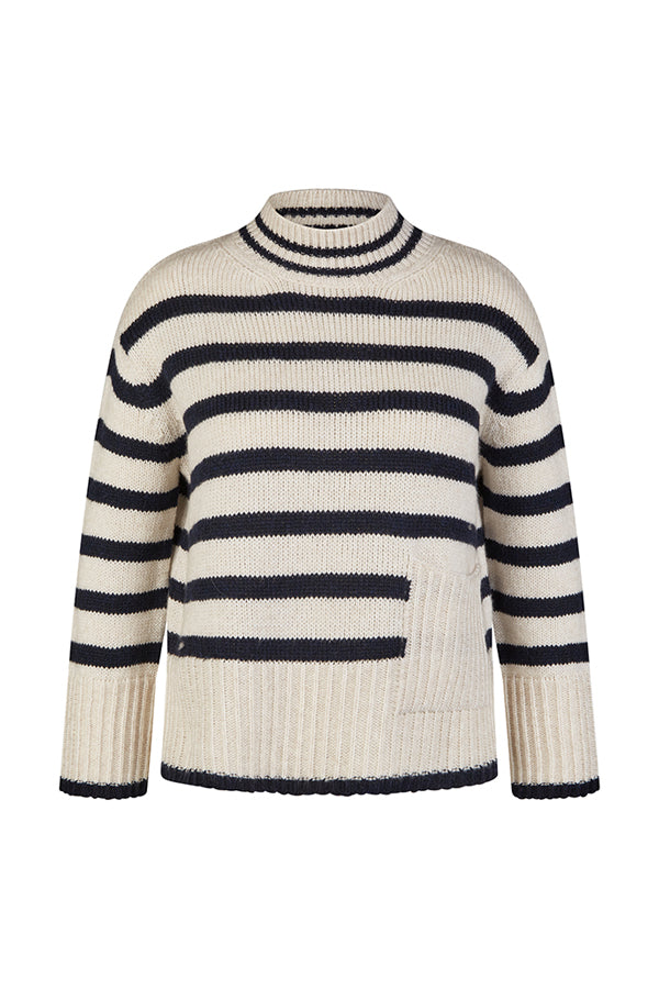 WHITE STRIPED FUNNEL NECK SWEATER