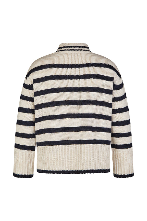 WHITE STRIPED FUNNEL NECK SWEATER